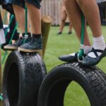Children stood on tyre crossing