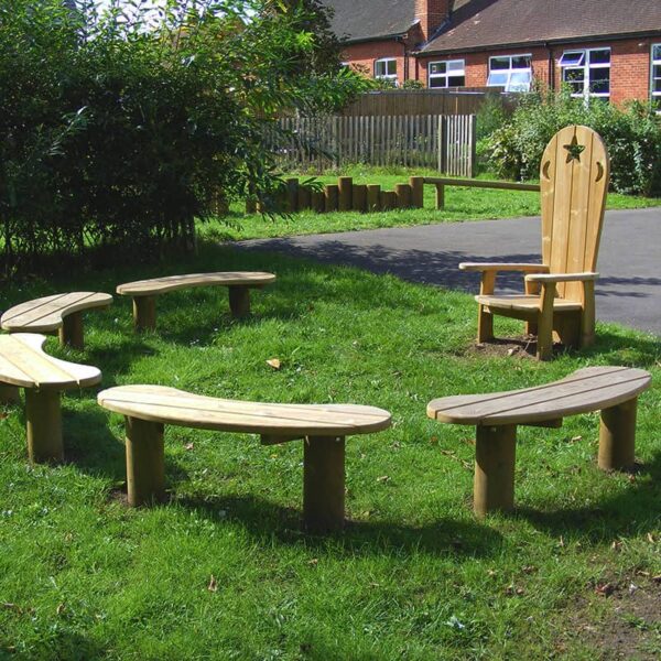 Circular wooden benches around storyteller's chair.
