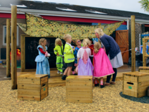 Children playing dress up on stage