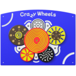 Multicoloured Crazy Wheels on a blue background