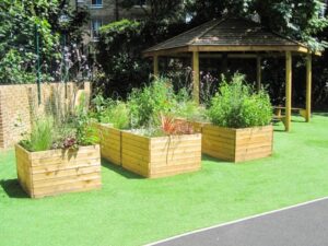 Wooden planters in a school playground