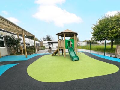 Hexagonal play tower with slide