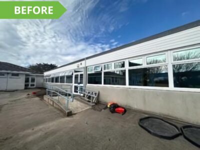 Exterior of school building before Schoolscapes play equipment